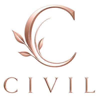 A rose gold metallic logo featuring a stylized letter C with leaves, above the word 'CIVIL' in matching metallic lettering, set against a solid white background.