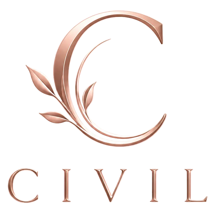 A rose gold metallic logo featuring a stylized letter C with leaves, above the word 'CIVIL' in matching metallic lettering, set against a solid white background.